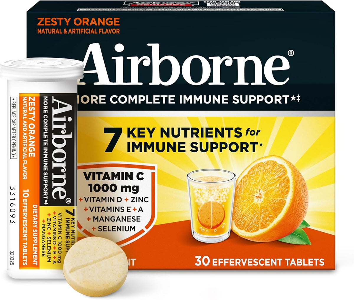 Airborne Immune Support Effervescent Tablets, Zesty Orange Flavour - 30ct with 1000mg Vitamin C + Vitamins A, D, E, Zinc, Selenium, Manganese & Herbal Blend - Sugar‑Free, Gluten‑Free - görsel 1