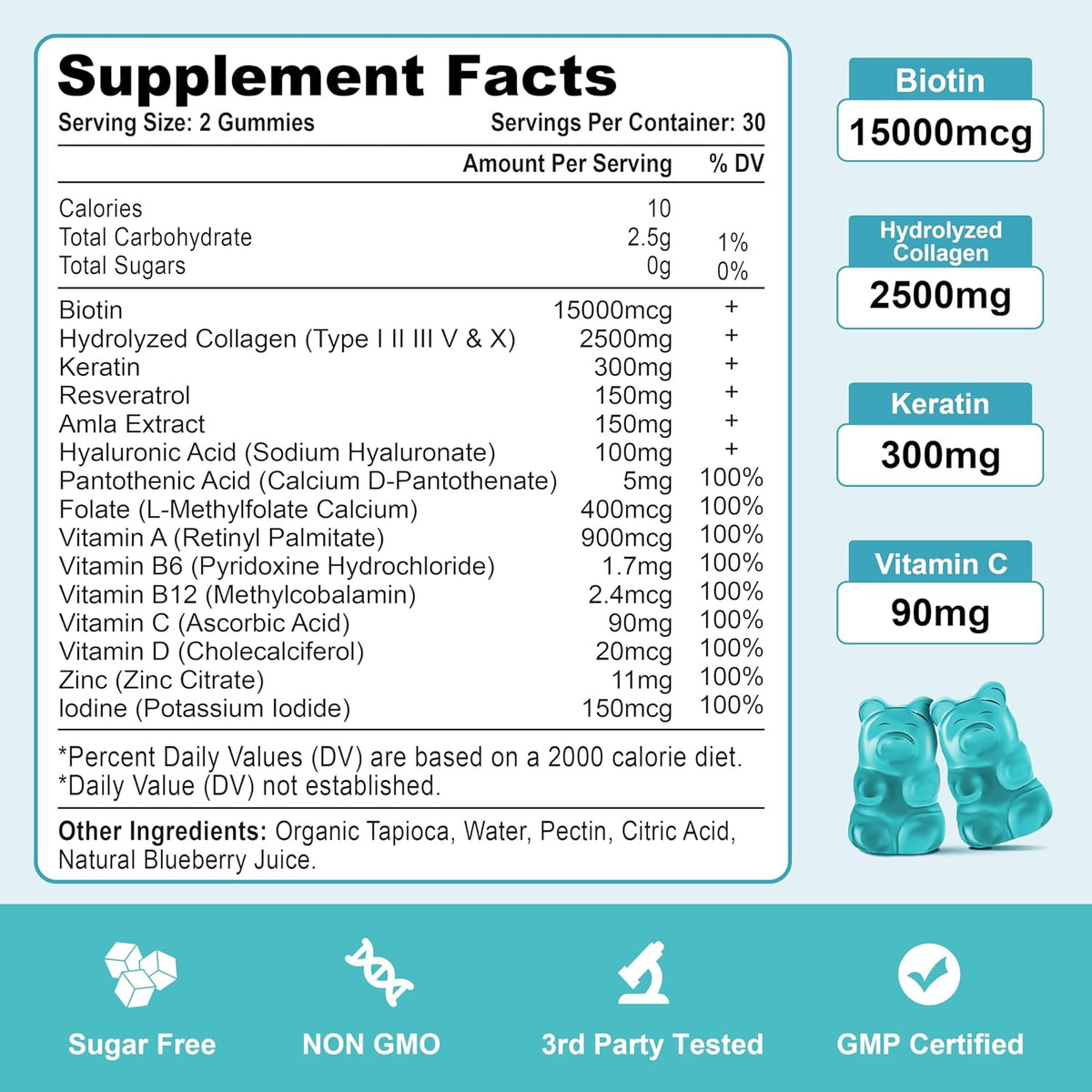 Biotin with Collagen Gummies, Hair, Skin and Nails Vitamins Gummies for Hair Growth, Glowing Skin & Strong Nails - Blueberry – Image 7