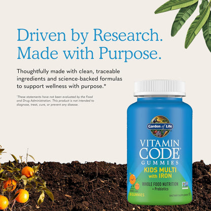 Garden of Life Vitamin Code Children's Multivitamin Gummies with Iron and Probiotics for Immune Health, Digestive Support & Energy, Vegan, Gluten-free, Non-GMO, Orange Flavour, 90 Gummies