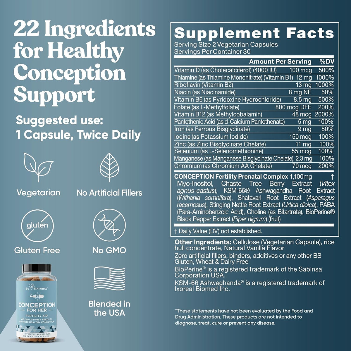 Eu Natural Conception for Her - Fertility Supplement with Myo-Inositol, Folate & Vitex - 60 Capsules - görsel 7