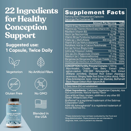Eu Natural Conception for Her Fertility Supplements for Women – Ovulation, Hormonal Balance & Regular Cycle Support – Myo-Inositol, Folate, Shatavari & Vitex – 120 Vegetarian Capsules
