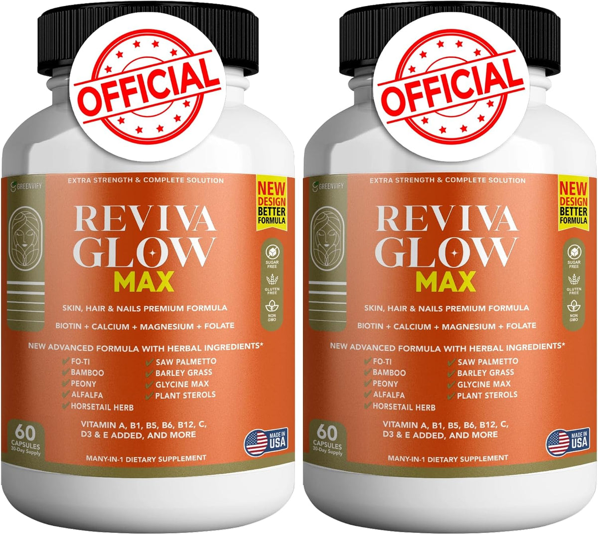 Reviva Glow Max - Hair, Skin & Nails Support Supplement with Biotin, Calcium, Magnesium, Folate & Herbal Blend - 120 Capsules, Vegan & Gluten-free - görsel 1