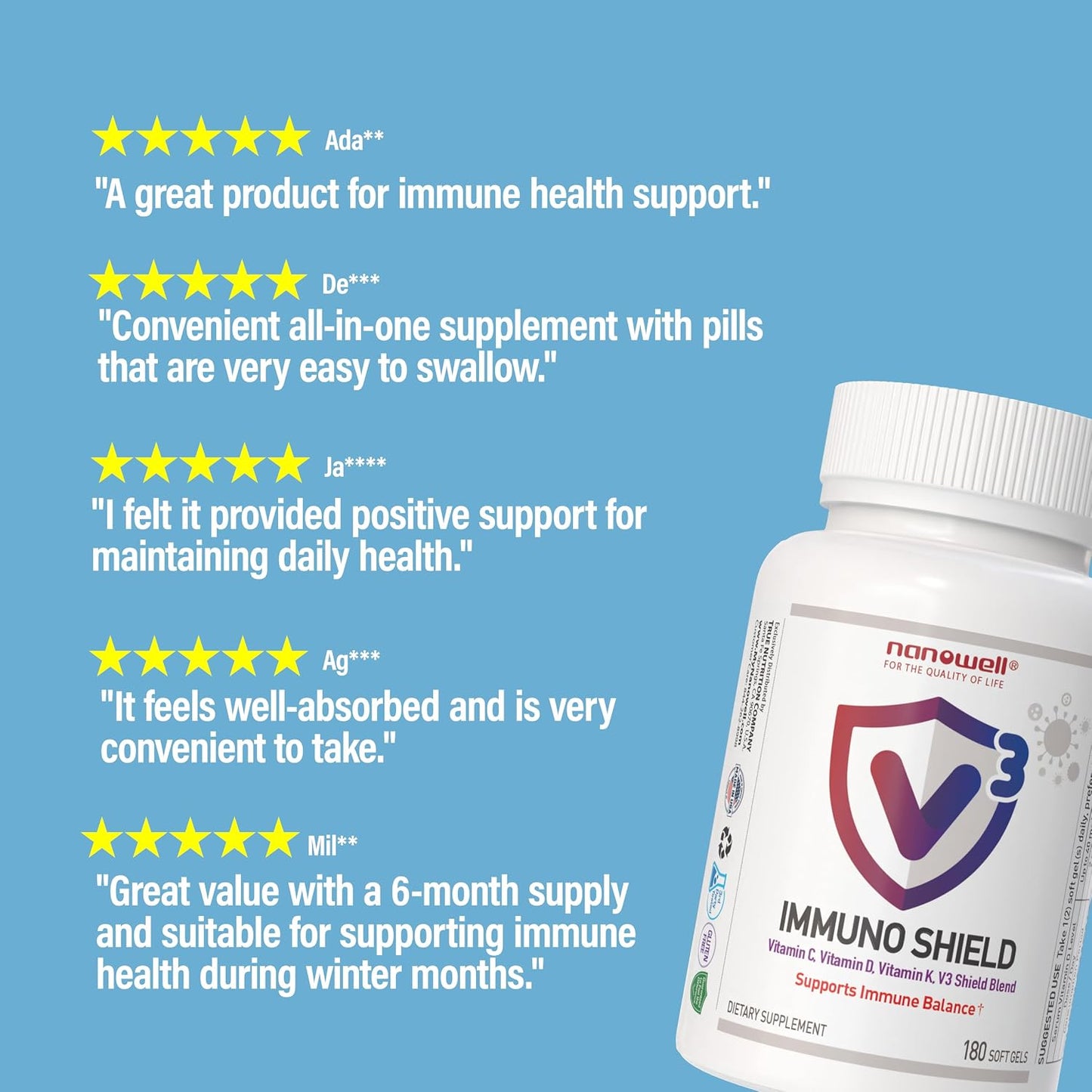 NANOWELL V3 IMMUNO Shield 180 Soft gel capsules (2-Pack) - Immune Support Supplement with Vitamin C, D3, K Complex, and Zinc (360 Count) - görsel 2