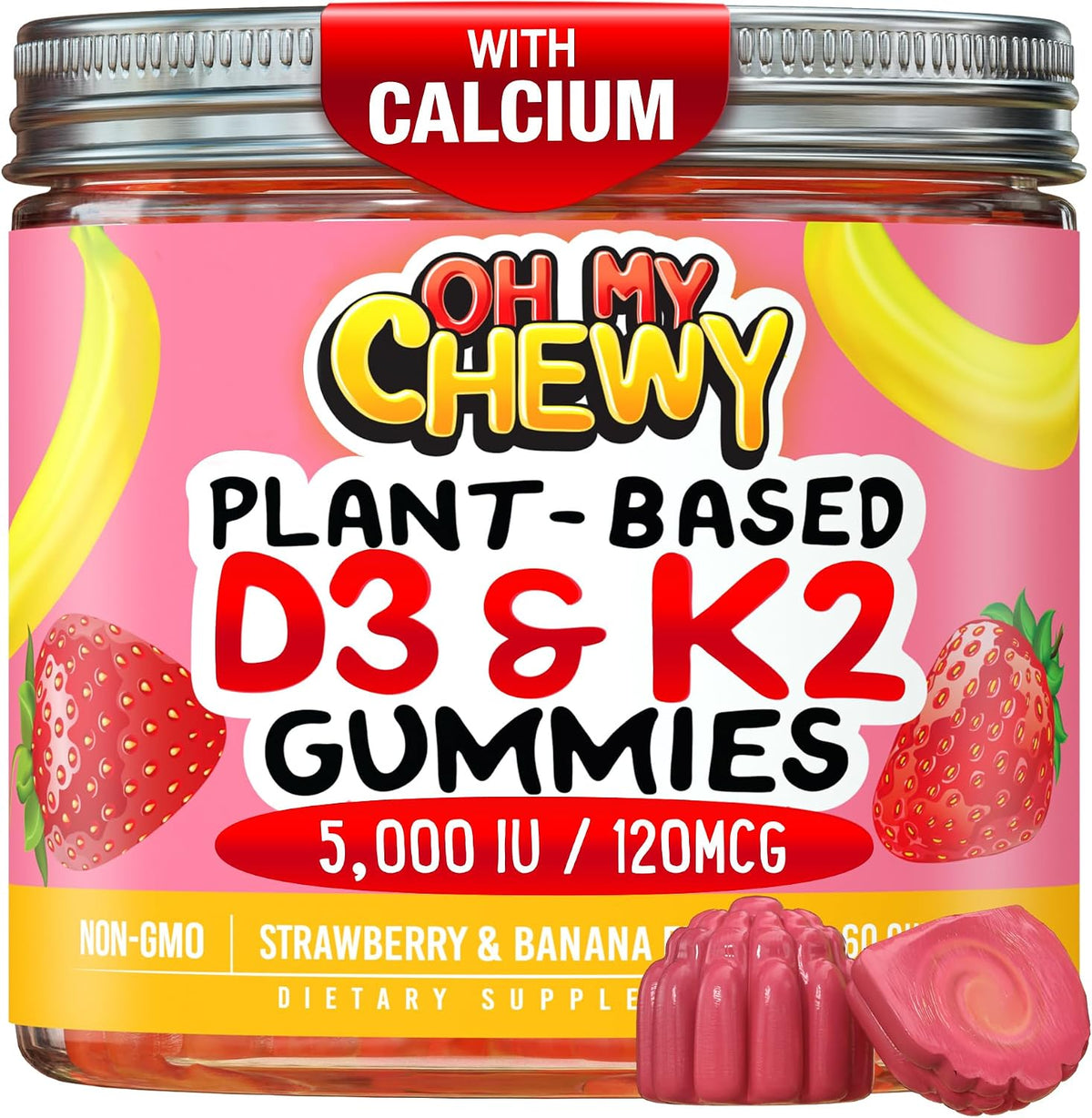OH MY CHEWY Double-Flavoured Vitamin D3 K2 & Calcium Fluffy Gummies - 5000 IU D3, 120 mcg K2 (MK-7), 120 mg Calcium - Vegan & Non-GM - 60 Count - görsel 1