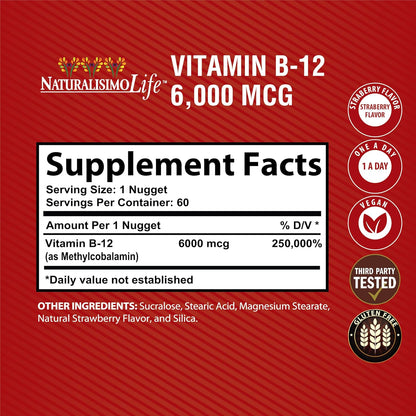NaturalisimoLife Vitamin B12 6,000 mcg Quick Dissolve Strawberry Nuggets (60 Nuggets)