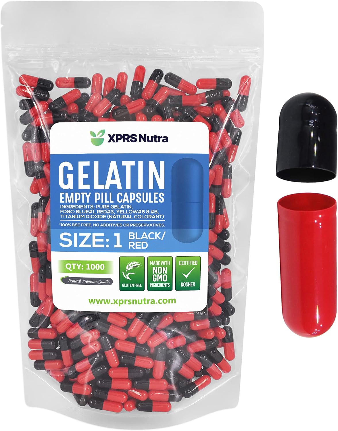 XPRS Nutra Size 1 Empty Capsules (Black/Red, 1000 Count) - DIY Supplement Capsules - görsel 1