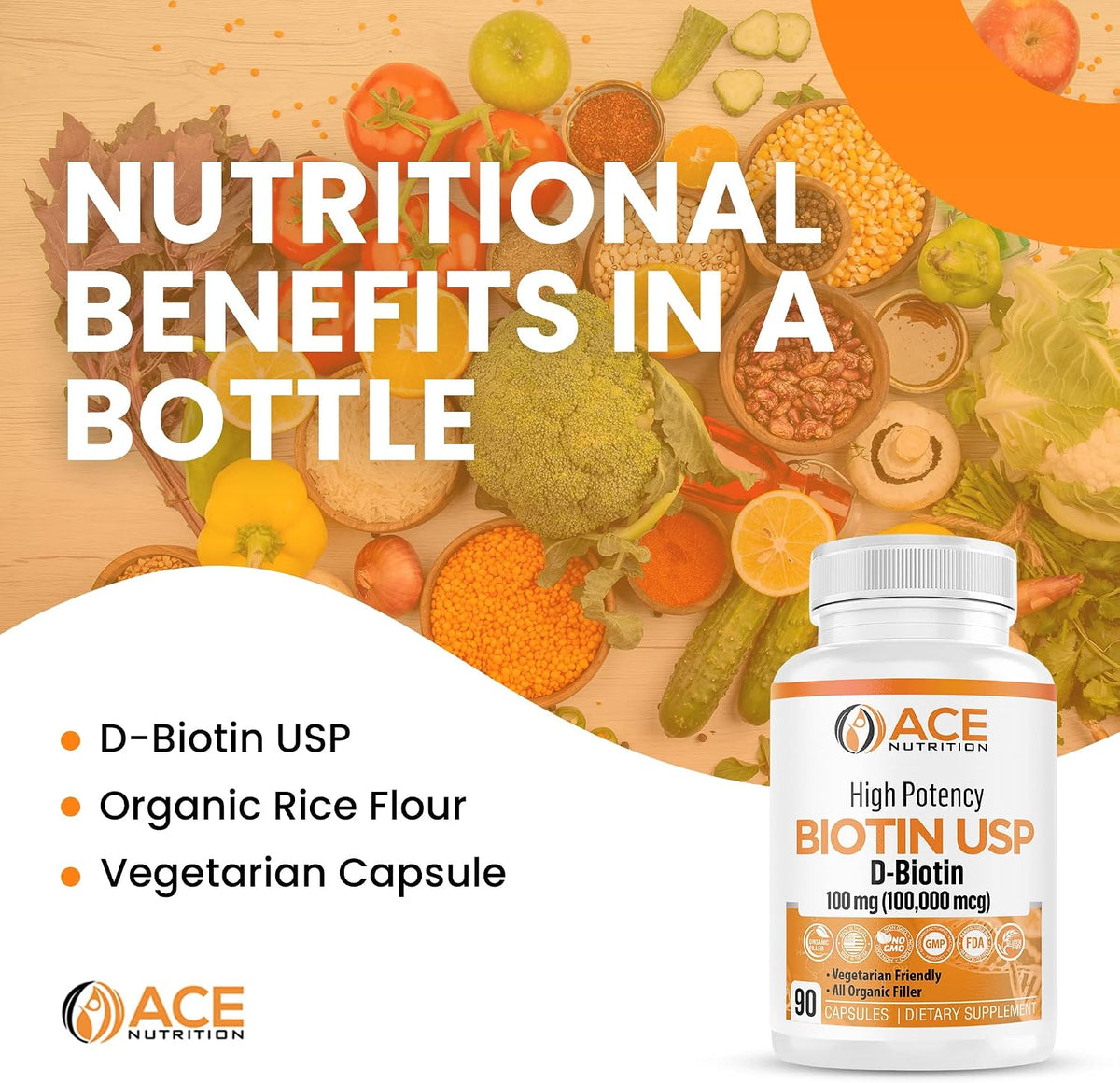 Ace Nutrition High Potency Biotin 100,000 mcg – D-Biotin USP, Vegetarian Capsules for Hair, Skin and Myelin Health – 90 Count - görsel 5