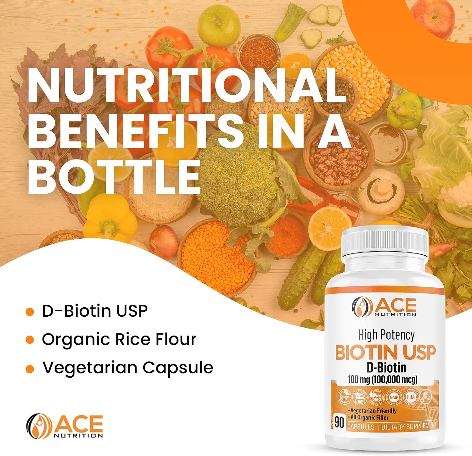 Ace Nutrition High Potency Biotin 100,000 mcg – D-Biotin USP, Vegetarian Capsules for Hair, Skin and Myelin Health – 90 Count - görsel 5