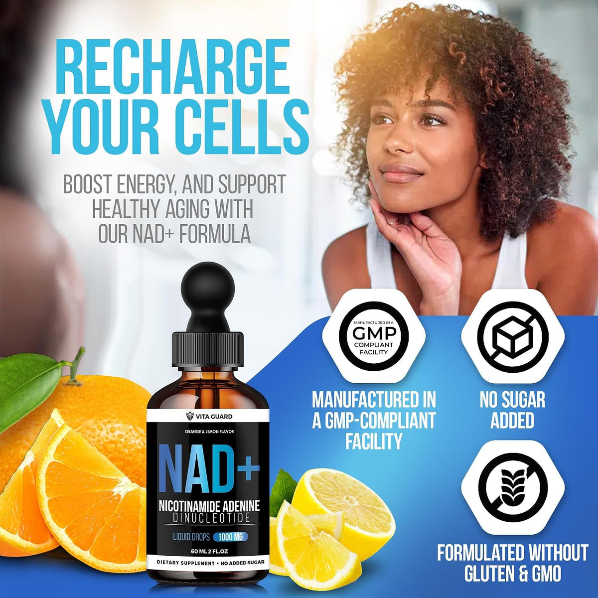 Vita Guard Pure NAD+ Liquid Drops 1000mg - NAD+ Precursor Supplement with Natural Citrus Flavour - görsel 5