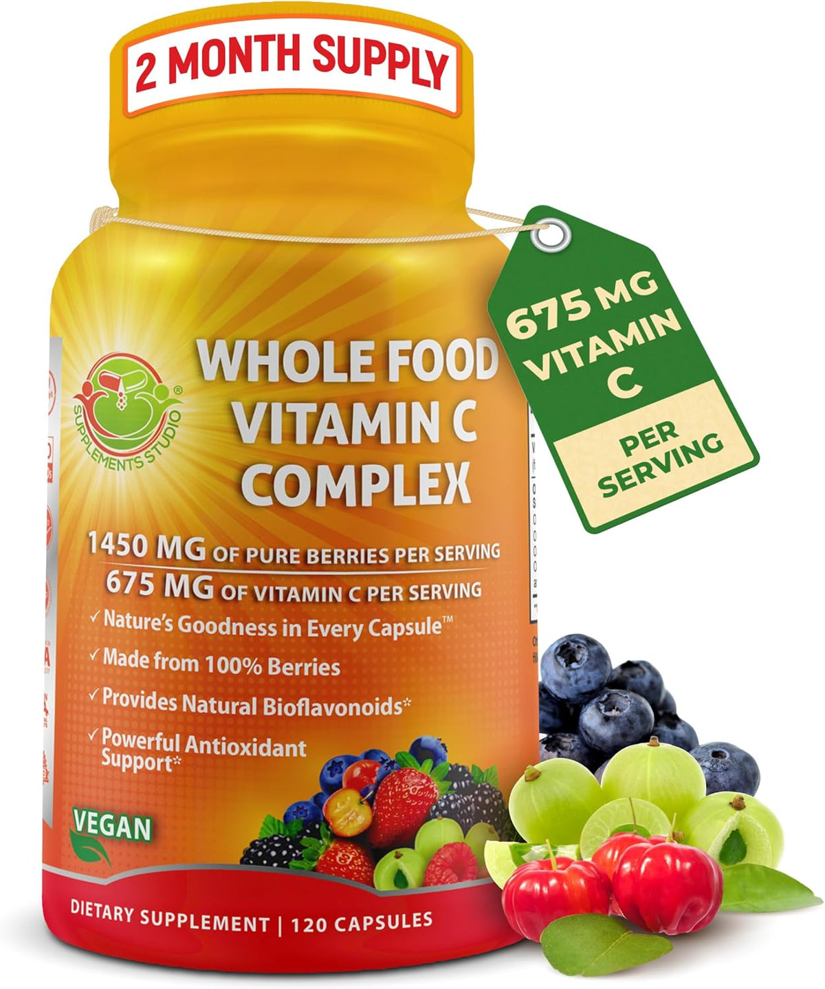 Whole Food Vitamin C Complex - 1450mg Organic Berries, 675mg Vitamin C, High-Potency Antioxidant & Immune Support with Acerola, Amla and Natural Bioflavonoids - Vegan, Non-GMO, 120 Count - görsel 1