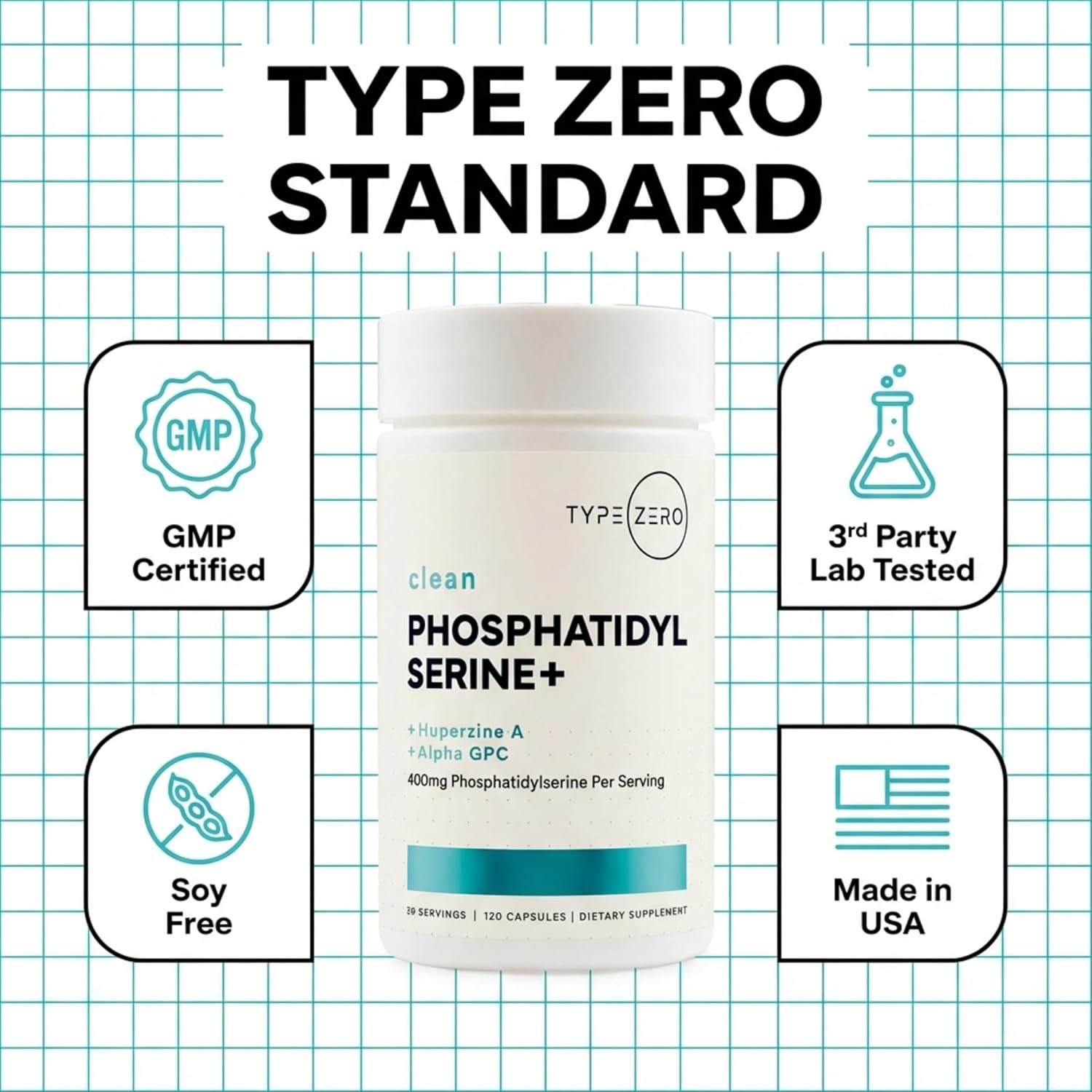Type Zero Phosphatidylserine 3X Strength Nootropics Brain Support Supplement with Alpha GPC, Huperzine A - görsel 3