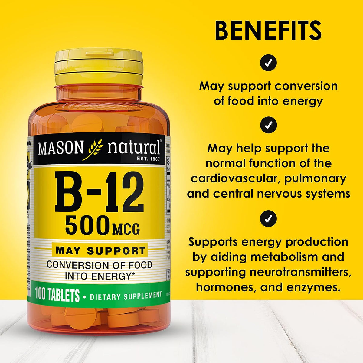 MASON NATURAL Vitamin B12 500 mcg with Calcium, 100 Tablets (Pack of 3) - görsel 2