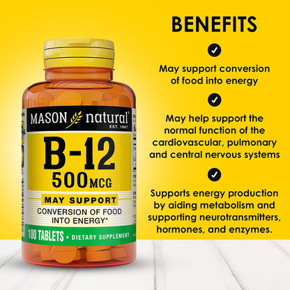 MASON NATURAL Vitamin B12 500 mcg with Calcium, 100 Tablets (Pack of 3)
