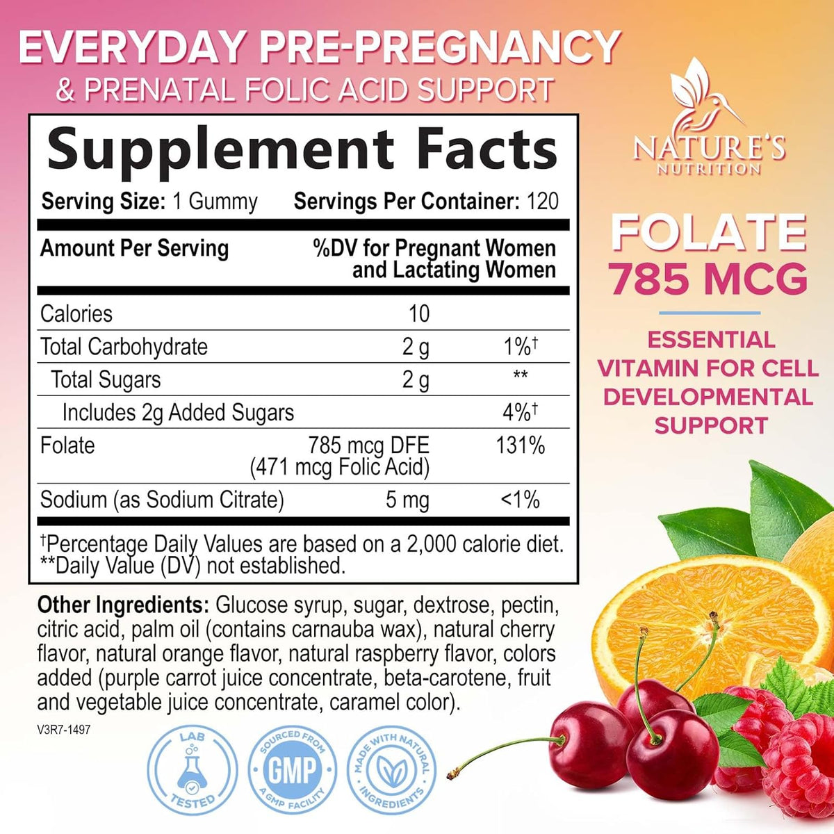 Folic Acid Gummies for Women – Prenatal Folate Supplement – Natural Orange & Cherry Flavour – 120 Gummies - görsel 2