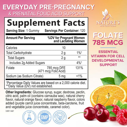 Folic Acid Gummies for Women – Prenatal Folate Supplement – Natural Orange & Cherry Flavour – 120 Gummies