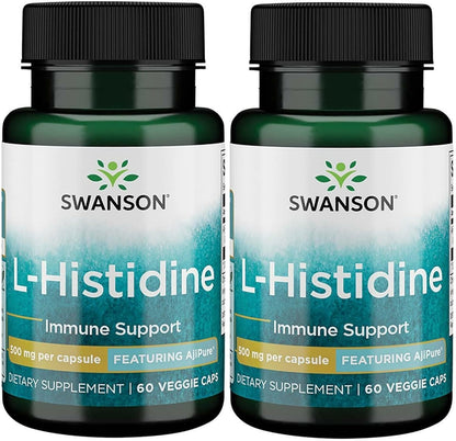 Swanson L-Histidine - Featuring Ajipure 500 mg 60 Veg Caps (Pack of 2)