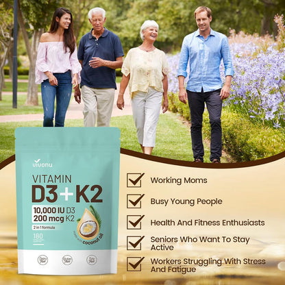 VivoNu Vitamin D3 and K2 10000 IU with MK7-300 Virgin Coconut Oil Soft gel capsules, 2 in 1 Vitamins D & K Complex (180 Capsules)