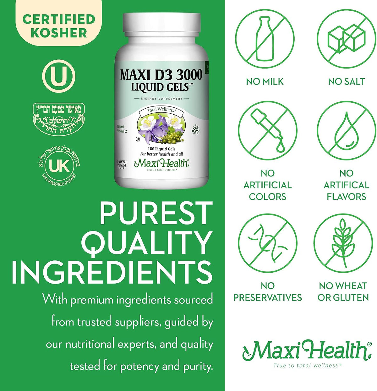 Maxi Health Vitamin D3 3000 IU (75 mcg) – Liquid Soft gel capsule Capsules for Bone and Immune Support – Non-GMO, Kosher, 180 Count - görsel 4