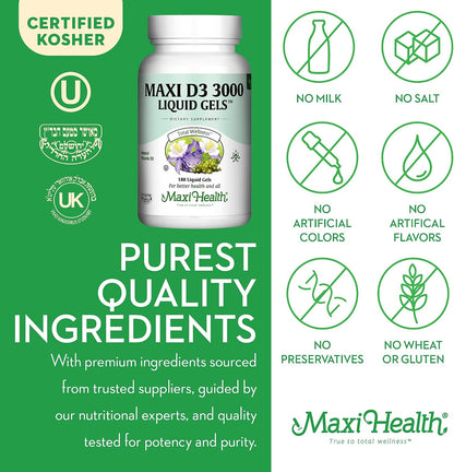 Maxi Health Vitamin D3 3000 IU (75 mcg) – Liquid Soft gel capsule Capsules for Bone and Immune Support – Non-GMO, Kosher, 180 Count
