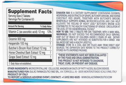 Dulac Dinaven 500, Micronised Diosmin Hesperidin Dietary Supplement, 120 Tablets