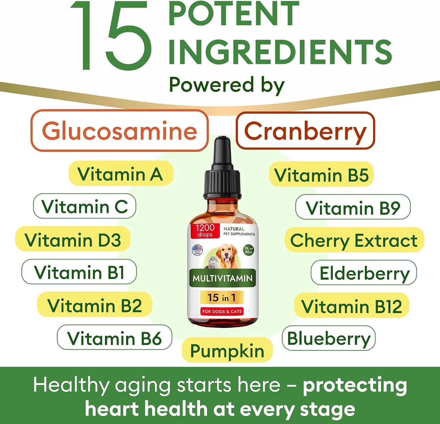 15-in-1 Liquid Multivitamin for Dogs and Cats - Glucosamine for Dogs, Cranberry, Vitamin B Complex - Balanced Ingredients for Joint, Digestive, Immune, Skin and Coat and Urinary Tract Support - US Made - 2.0 fl oz (59 ml) - görsel 3