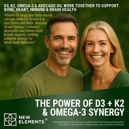 New Elements Liquid Vitamin D3 + K2 Drops, 10,000 IU with Omega-3 – Avocado Oil Base, Non-GMO – 60 ml