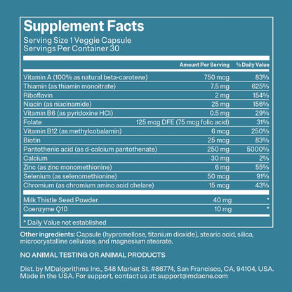 MDacne Skin Clearing Vitamins & Minerals Supplement - 30 Vegan Capsules