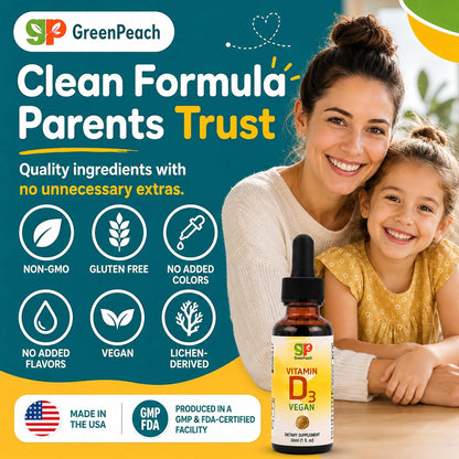 GreenPeach Liquid Vegan Organic Vitamin D 400 to 2000 IU - D3 Drops for Toddlers, Kids, Babies & Infants, Natural, 60 Servings