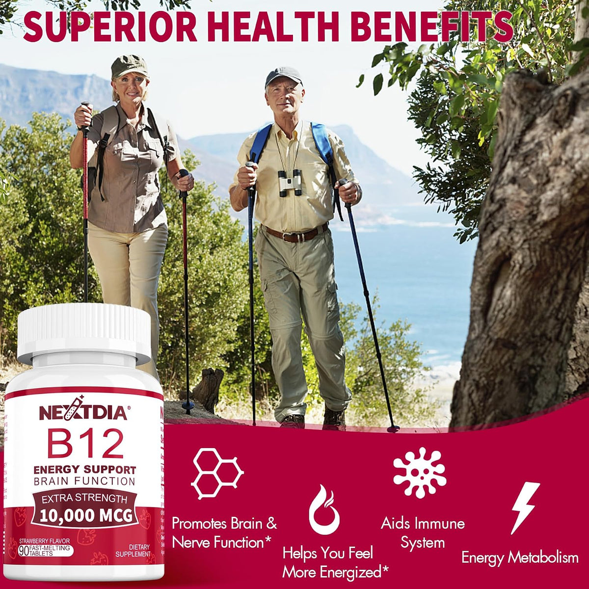 Vitamin B12, Methylcobalamin 10000 mcg, Active B12 Vitamins, Vegan, Natural Strawberry, Zero Sugar, 90 Fast Dissolve Tablets - görsel 3
