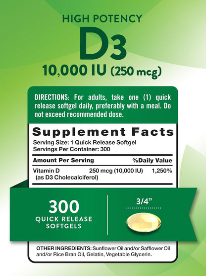 Nature's Truth Vitamin D3 10000 IU Softgels, 300 Count - Extra Strength, Non-GMO & Gluten-free