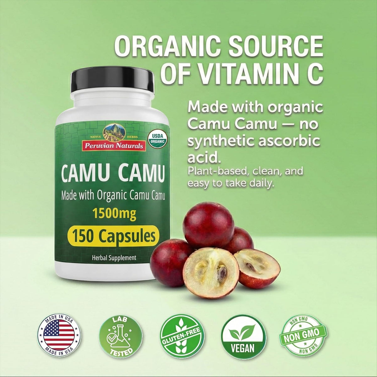 Peruvian Naturals Organic Vitamin C from Camu Camu Capsules 1,500 mg - 150 Vegan Capsules - görsel 2