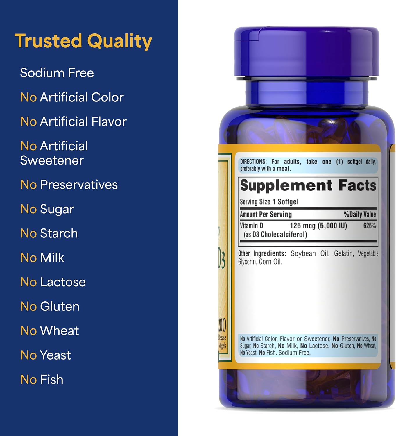 Puritan's Pride Premium Sunvite™ Mega-Potency Vitamin D3 5,000 IU, 200 Rapid Release Softgels - görsel 6