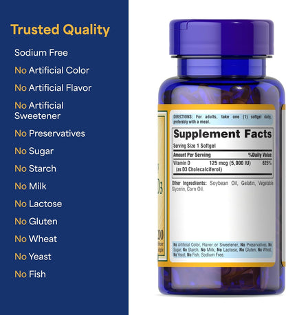 Puritan's Pride Premium Sunvite™ Mega-Potency Vitamin D3 5,000 IU, 200 Rapid Release Softgels