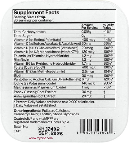 DISO M-VIT Fast-Dissolving Multivitamin Oral Strips, Cranberry Flavour, Vegan, Sugar Free, Gluten-free, Individually Wrapped, Maximum Absorption, 30 Dissolvable Strips