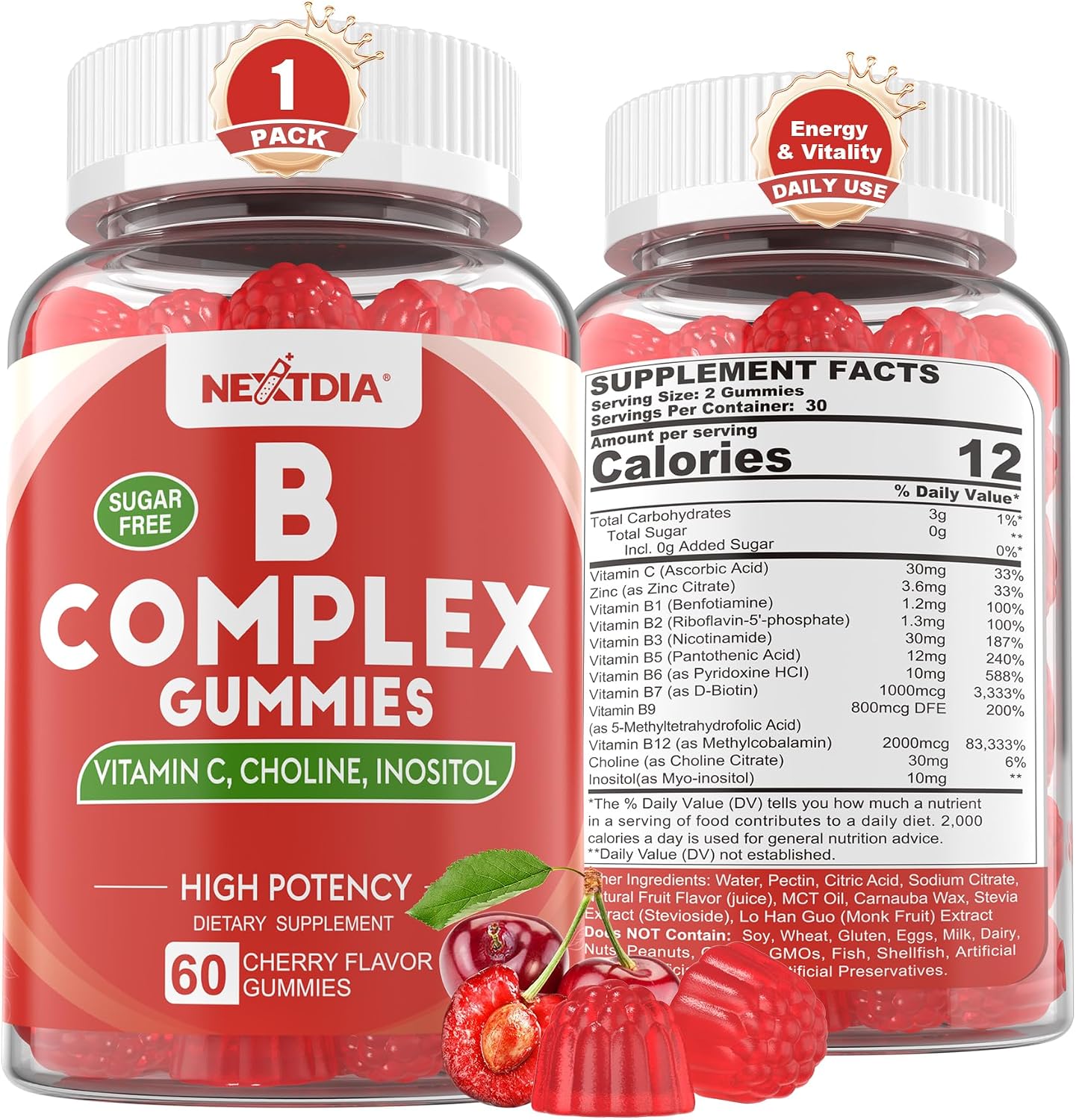 Methylated Vitamin B Complex Gummies - B12 & Folate with B1, B2, B3, B5, Biotin, Vitamin C, Zinc, Choline & Inositol - 60 Count - görsel 1