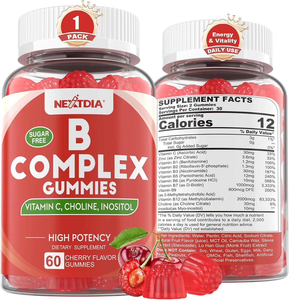 Methylated Vitamin B Complex Gummies - B12 & Folate with B1, B2, B3, B5, Biotin, Vitamin C, Zinc, Choline & Inositol - 60 Count - görsel 1