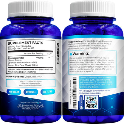 Phytoceramides Supplement 700mg – 200 Capsules – Plant Based, Wheat Free, Non-GM