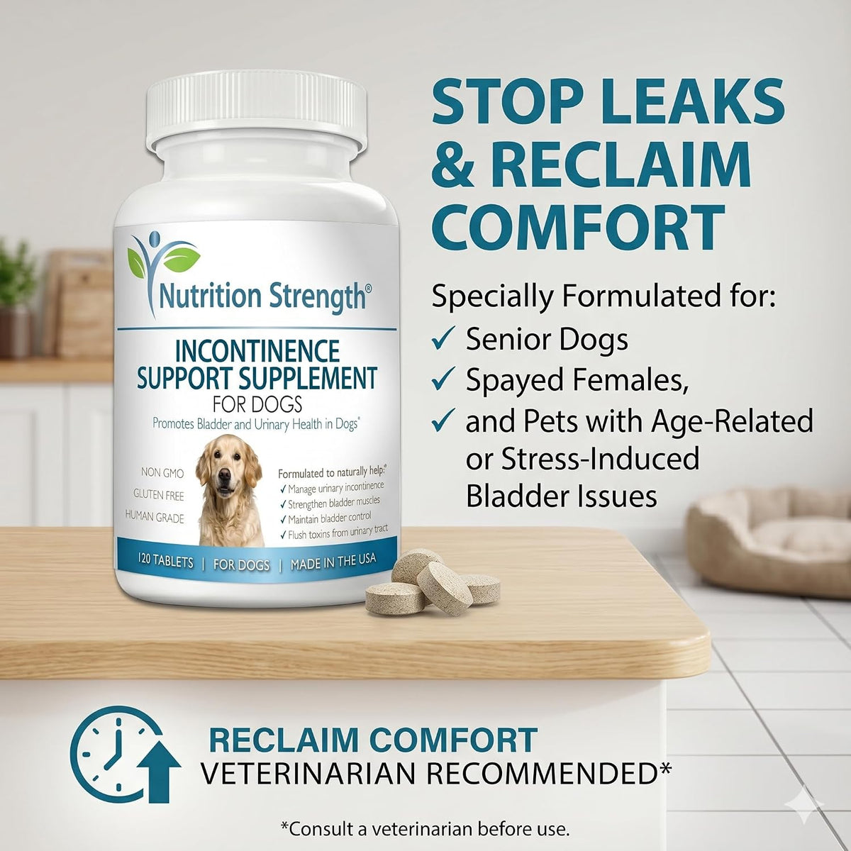 Dog Incontinence Support – Organic Herbal Supplement for Bladder Control – 120 Chewable Tablets - görsel 6