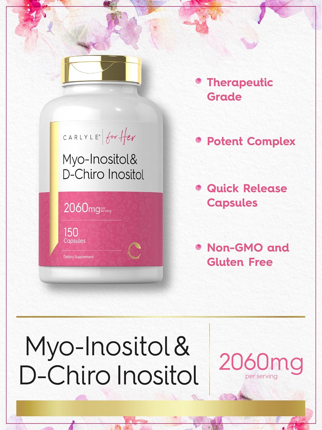 Carlyle Myo-Inositol & D-Chiro Inositol Supplement for Women | 2060mg | 150 Capsules | Non-GMO, Gluten-free Complex - görsel 4