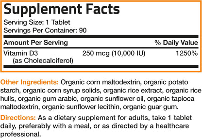 Bronson Vitamin D3 10,000 IU - Organic Non-GM Supplement for Immune & Bone Health, 90 Tablets