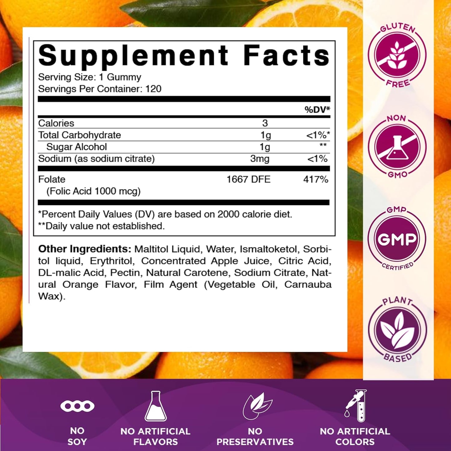 Vitamatic Folic Acid Gummies 1000 mcg (1 mg) – Vitamin B9 (1667 mcg DFE) – Sugar Free – Prenatal & Cellular Health Support – Natural Orange Flavour – Vegan, Non-GM – 120 Gummies - görsel 2