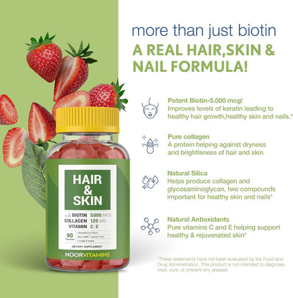 Noor Vitamins Halal Hair Vitamins – Biotin, Collagen, Silica, Vitamin C & E Gummies for Hair, Skin & Nail Health – Natural Strawberry Flavour – 90 Gummies