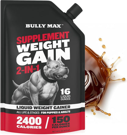 Bully Max Dog Weight Gainer 2400 Cal - High Calorie Liquid Supplement for Dogs with Omega-3 & Whey Protein - Appetite & Recovery Support for All Breeds, Puppies to Adults - Made in USA - 16 oz (473 ml)