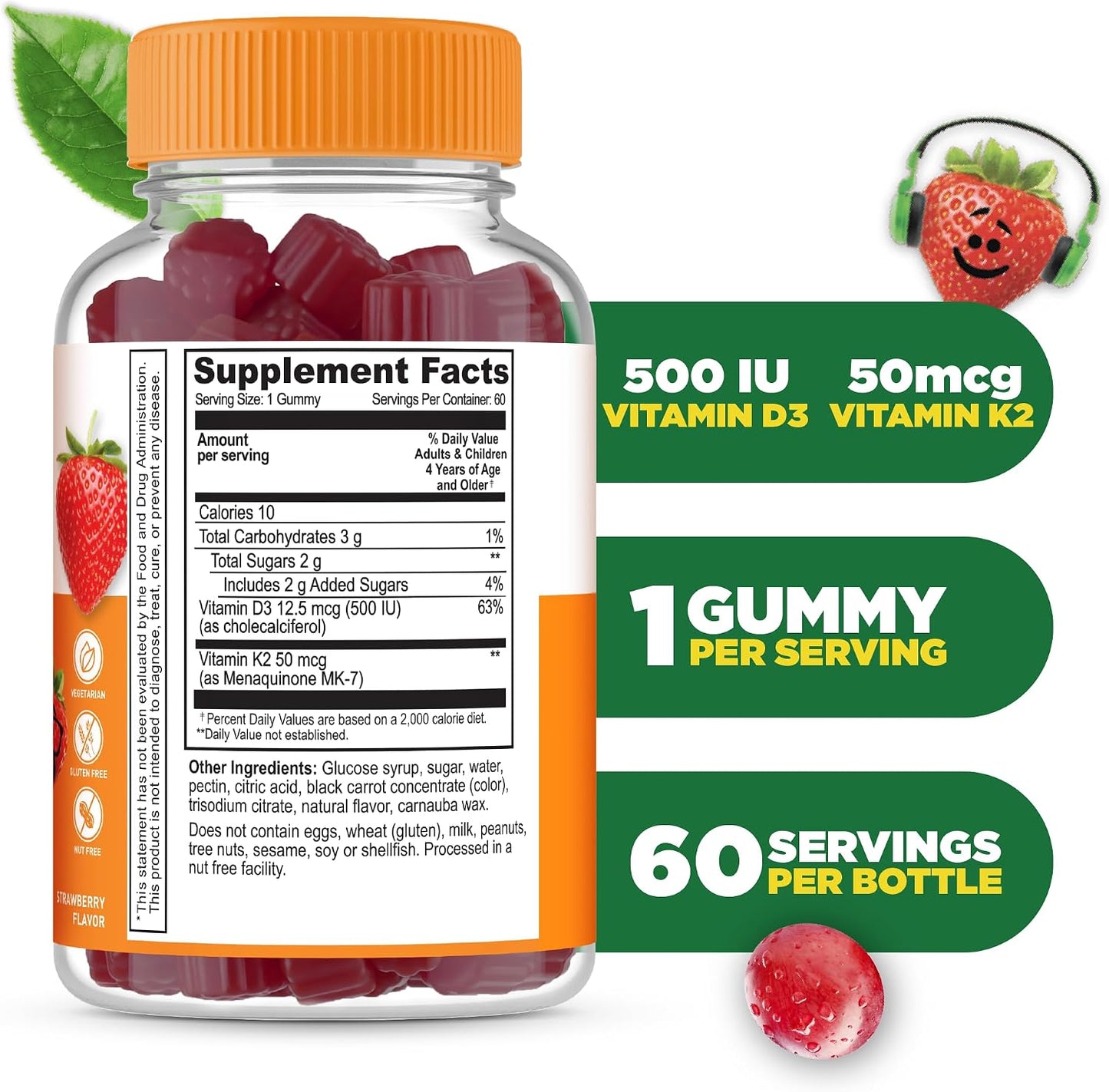 Lifeable Kids Vitamin D3 K2 Gummies - 500 IU D3 + 100 mcg K2, Strawberry Flavour, 60 Gummies - görsel 2