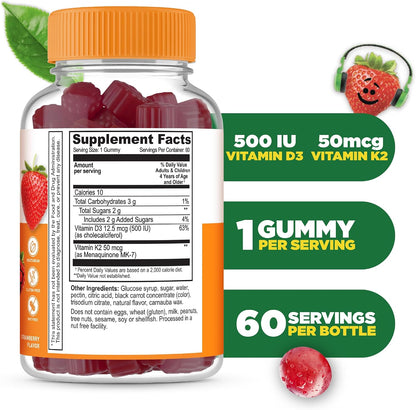 Lifeable Kids Vitamin D3 K2 Gummies - 500 IU D3 + 100 mcg K2, Strawberry Flavour, 60 Gummies