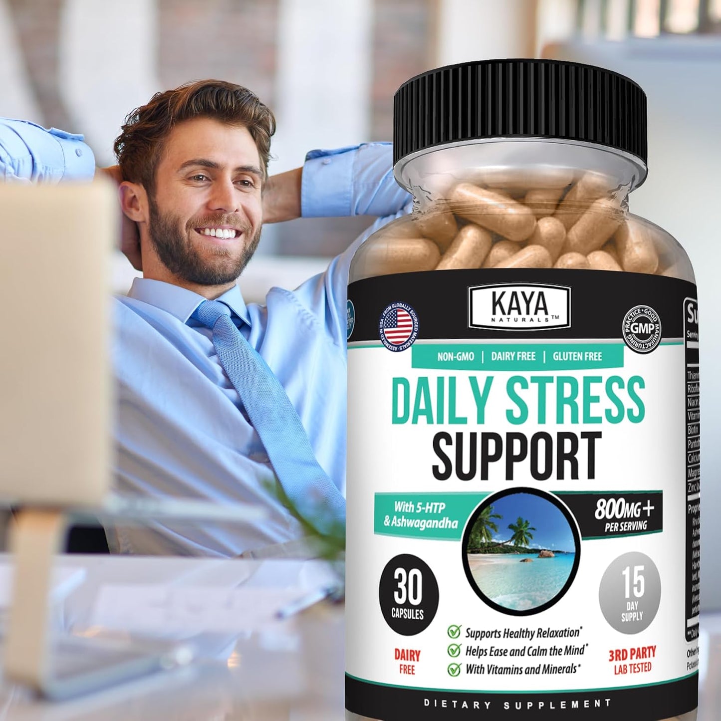Kaya Naturals – Natural Herbal Stress Relief Support Vitamin Supplement to Relax and Calm the Mind – 30 Capsules - görsel 9