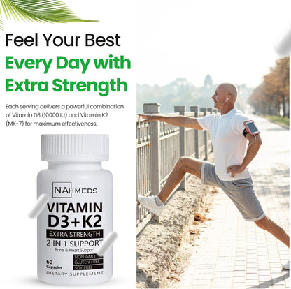 Vitamin D3 + K2 Extra Strength – 60 Capsules, High-Potency Bone & Heart Health Support, Non-GMO, Gluten-free