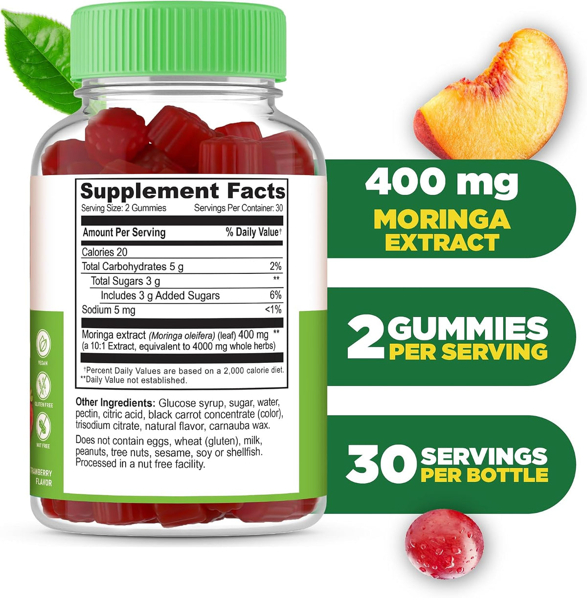 Lifeable Moringa Gummies for Adults – 400 mg Moringa Extract – Strawberry Flavour – 60 Gummies - görsel 2