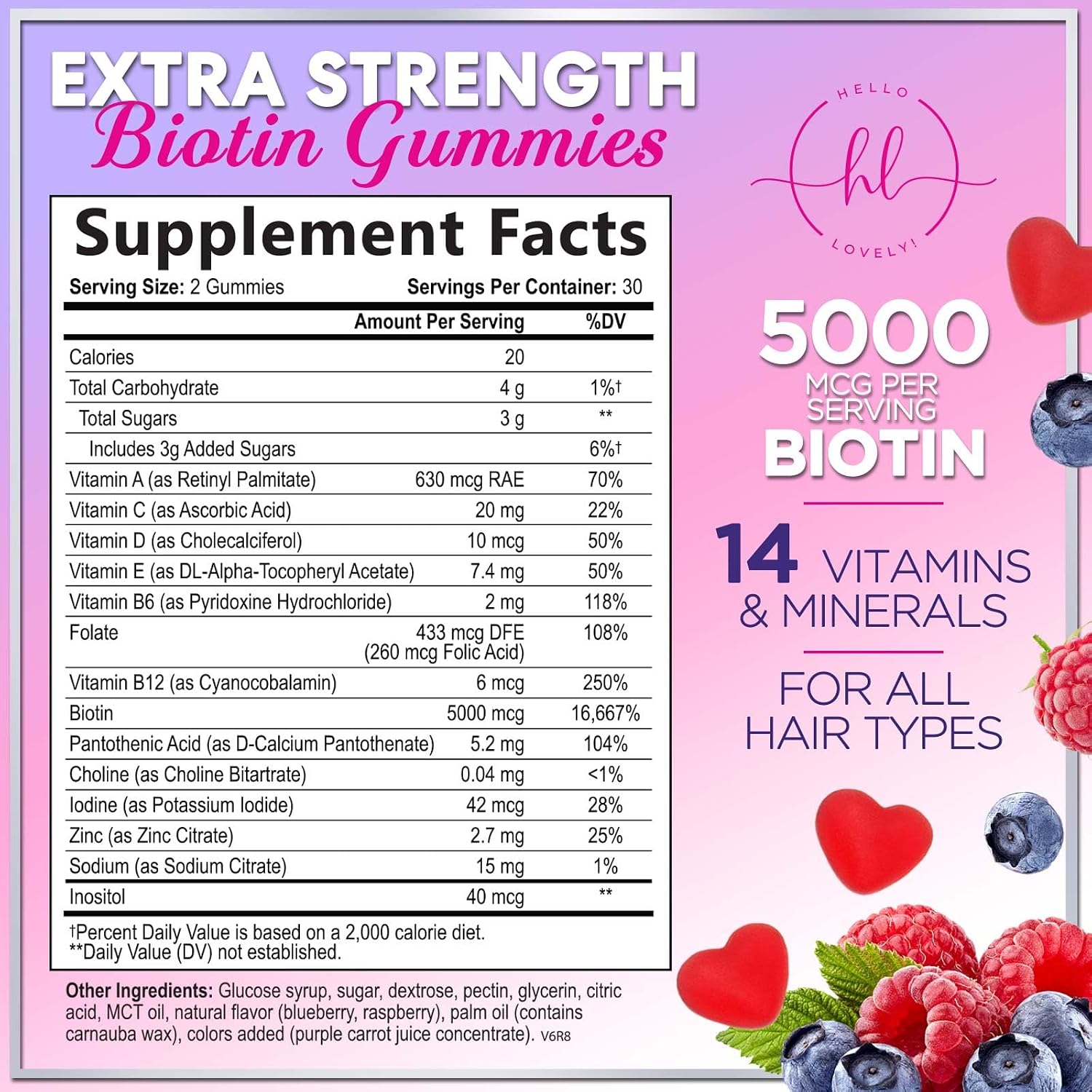 Hello Lovely Hair Vitamins Gummies – Biotin 5000 mcg with Vitamins E and C for Hair, Skin and Nails – 60 Gummies - görsel 2