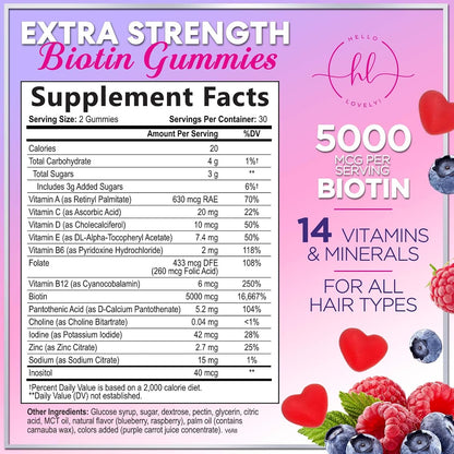 Hello Lovely Hair Vitamins Gummies – Biotin 5000 mcg with Vitamins E and C for Hair, Skin and Nails – 60 Gummies